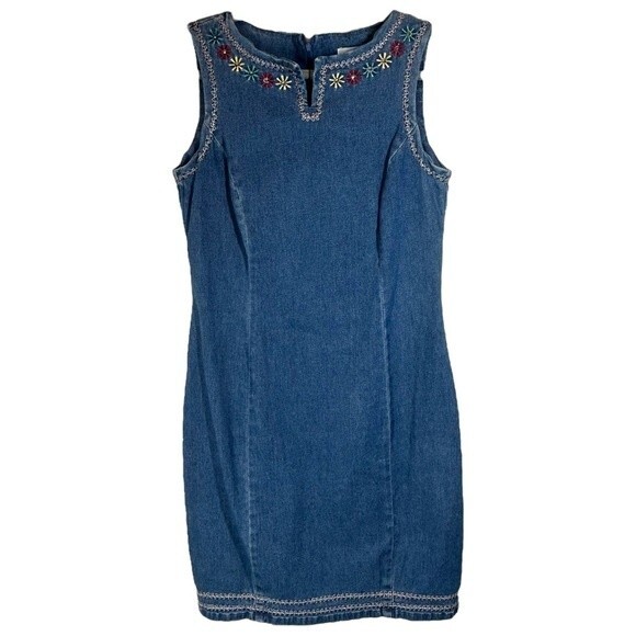 1990s Vintage Denim Shift Dress Daisy Embroidered Stretch Women's 6 Cottagecore - Picture 1 of 6